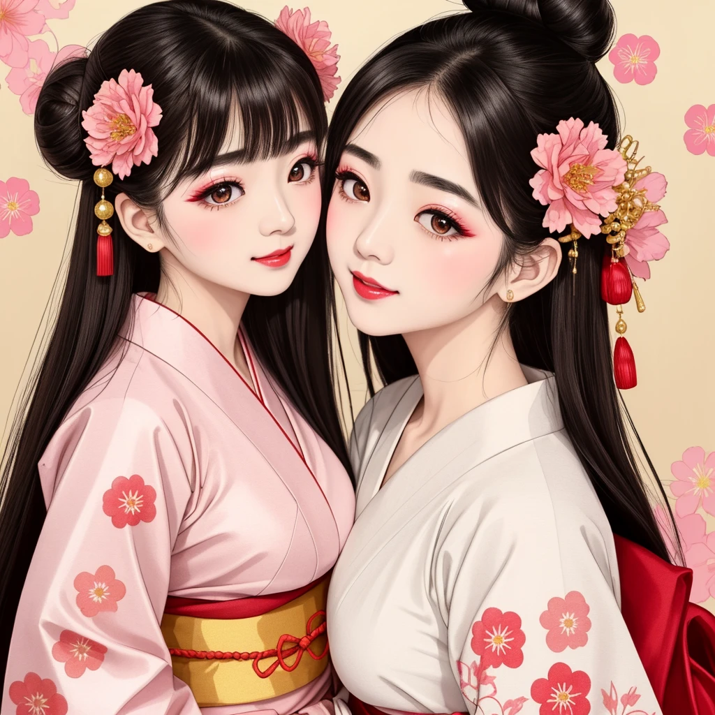 Each has a different expression2People and sisters、(2 girls)、⦅Dancing traditional arts with grace)、((Big Breasts、Small Face、Not exposed))、Highest quality、masterpiece、(Black Hair、Bun Hair)、Brown Eyes、⦅Wide angle、Angle from above the waist、雑誌の表紙のPause、Their gazes are different, gazing into the distance⦆、(8K High Quality、masterpiece、High resolution、Realistic and beautiful light and shadow、(Highest quality)、(High Resolution)、(Very delicate and beautiful)、(Beautiful 8k face)、(With a smile、Beautiful eyes)、(Clear skin)、(Soft hair)、(8Head to Body)、(A Japanese style yukata kimono with red, pink and orange floral patterns on a white background, interspersed with gold powder、Wearing a yukata2Beautiful Japanese girls)、((Tanabata decoration background))、((Small Face))、(arms up)、Thin and small nose、(Red lipstick)、(Make your cheeks red)、(Glossy skin)、((Ink painting style))、Very thin eyebrows、Overall ultra-high image quality、(She is wearing maiko-style makeup.)、Whitening、Long and beautiful eyelashes、Glowing Skin、(Red cheeks),Straight nose、masterpiece、Highest quality、whole body、 Eyebrows visible through hair、Bun Hair、Grin、Gal、コGal、Viewer's Eyes、Plaid、Stylish、woman、fine、Pause、
Waiting to start