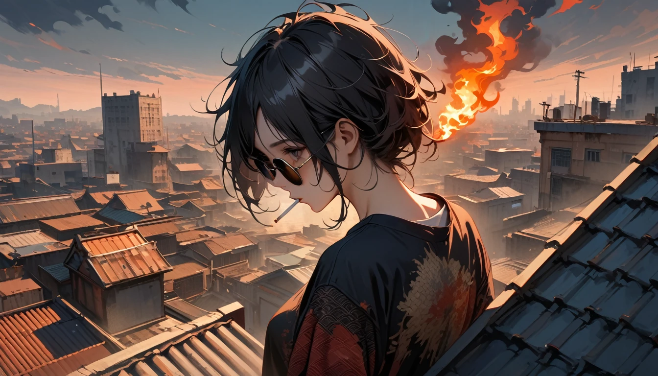 (((from behind))), (((whole body))), (((Rooftop))), ((8k of extremely detailed CG unit, Masterpiece, high resolution, highest quality, highest quality real texture skin)), (((darkness))), (((sunglasses))), (((The cigarette is burning))), ((1 girl)), (Japanese pattern Tシャツ, denim), (Black hair, messy hair, beige skin), (Surreal, digital painting)