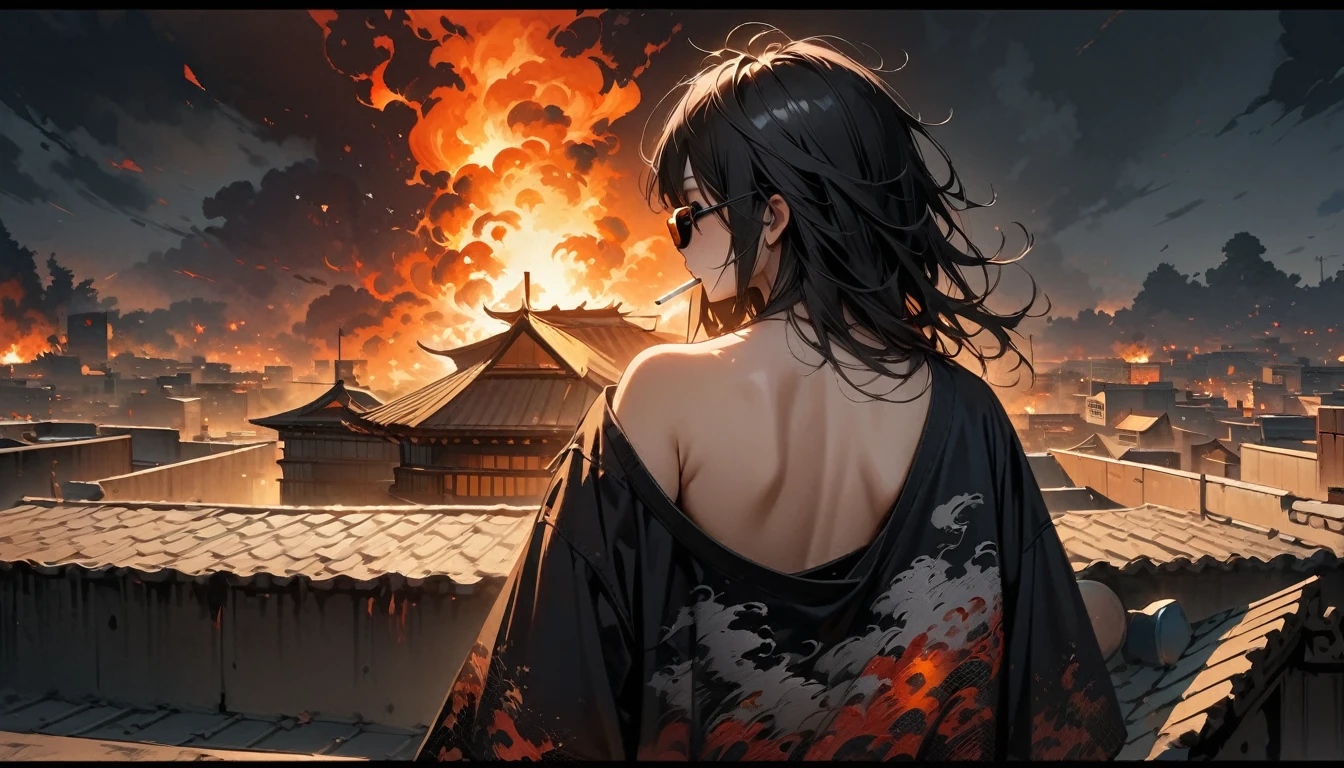 (((from behind))), (((whole body))), (((Rooftop))), ((8k of extremely detailed CG unit, Masterpiece, high resolution, highest quality, highest quality real texture skin)), (((darkness))), (((sunglasses))), (((The cigarette is burning))), ((1 girl)), (Japanese pattern Tシャツ, denim), (Black hair, messy hair, beige skin), (Surreal, digital painting)