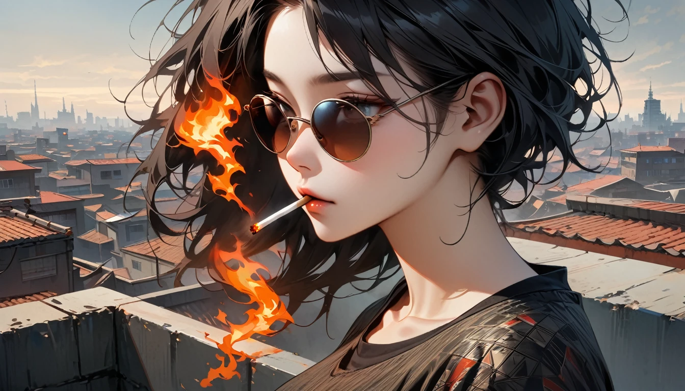 (((from behind))), (((whole body))), (((Rooftop))), ((8k of extremely detailed CG unit, Masterpiece, high resolution, highest quality, highest quality real texture skin)), (((darkness))), (((sunglasses))), (((The cigarette is burning))), ((1 girl)), (Japanese pattern Tシャツ, denim), (Black hair, messy hair, beige skin), (Surreal, digital painting)