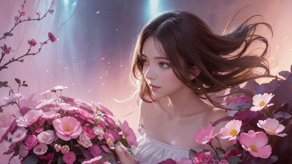 32k, Masterpiece, Highest quality, One girl, Detailed eyes, flower,Sandersonia, Pink and brown style,A dreamy, romantic piece,Pale pink, Mysterious Leaves,A playful arrangement,Fantasy,High Contrast,Ink strokes,explosion,Exposure, Impression of pink and brown tones,Abstract,((Watercolours by John Berkey and Jeremy Mann )) Brush strokes,Negative Space, Tyndall effect,