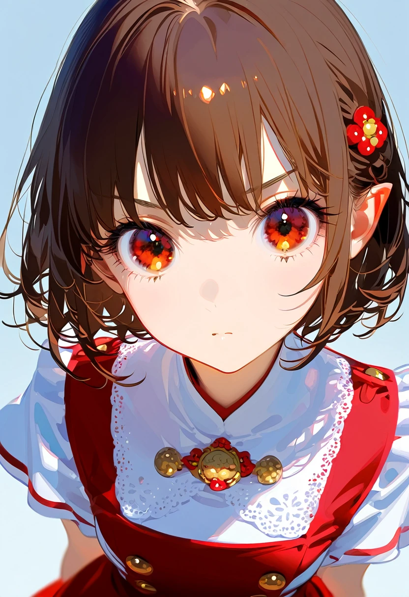 front，ID photo，An anime girl wearing a red skirt and black，She has brown hair and eyes。There are balls on both sides of the head，short hair，And wearing red flower ornaments on the ears。She wears a white blouse，It has gold buttons and pink cuffs.。Clean and tidy style，A determined look