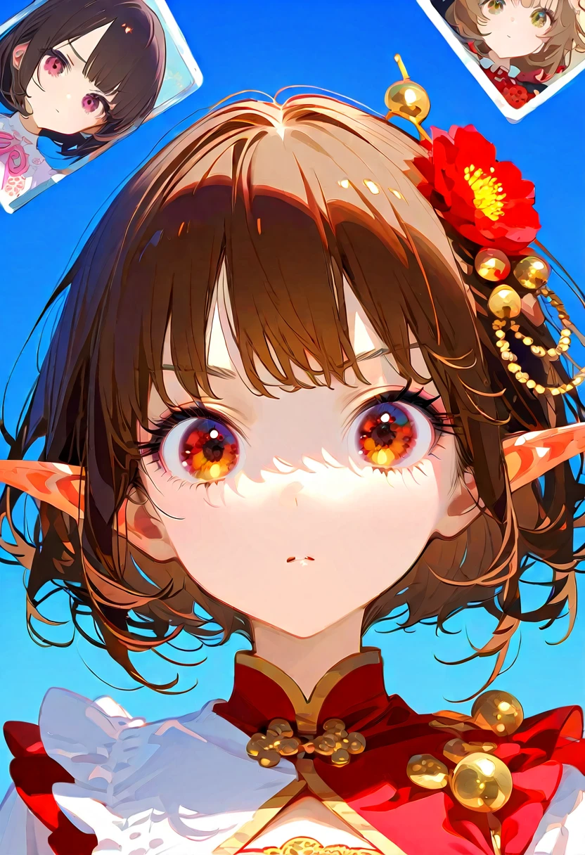 front，ID photo，An anime girl wearing a red skirt and black，She has brown hair and eyes。There are balls on both sides of the head，short hair，And wearing red flower ornaments on the ears。She wears a white blouse，It has gold buttons and pink cuffs.。Clean and tidy style，A determined look