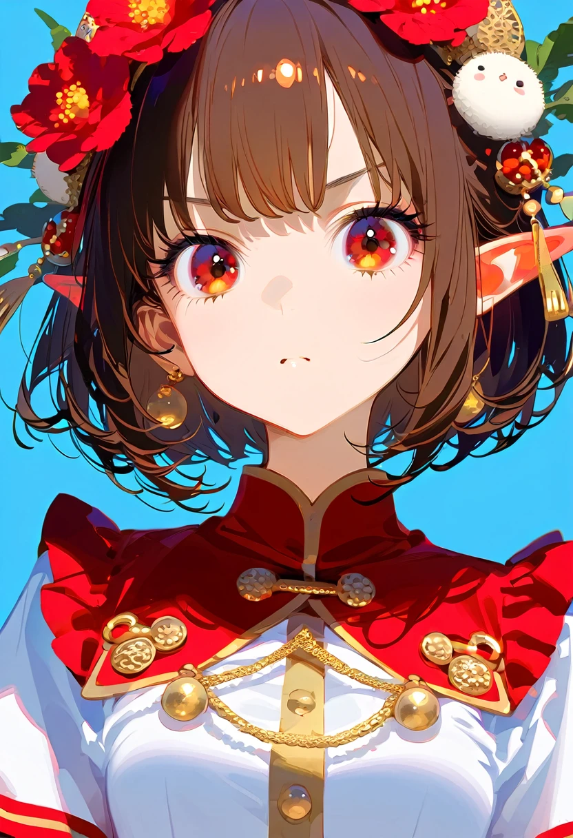 front，ID photo，An anime girl wearing a red skirt and black，She has brown hair and eyes。There are balls on both sides of the head，short hair，And wearing red flower ornaments on the ears。She wears a white blouse，It has gold buttons and pink cuffs.。Clean and tidy style，A determined look