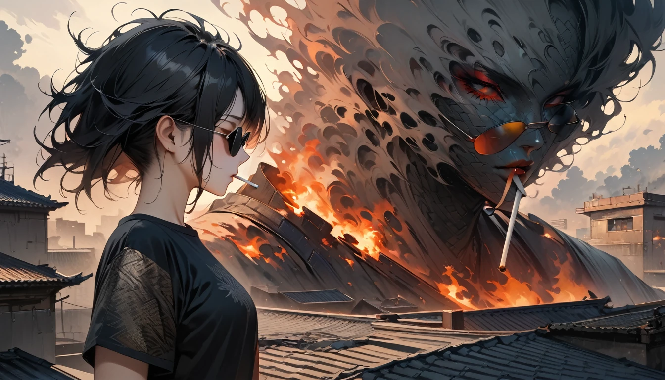 (((from behind))), (((whole body))), (((Rooftop))), ((8k of extremely detailed CG unit, Masterpiece, high resolution, highest quality, highest quality real texture skin)), (((darkness))), (((sunglasses))), (((The cigarette is burning))), ((1 girl)), (Japanese pattern Tシャツ, denim), (Black hair, messy hair, beige skin), (Surreal, digital painting)
