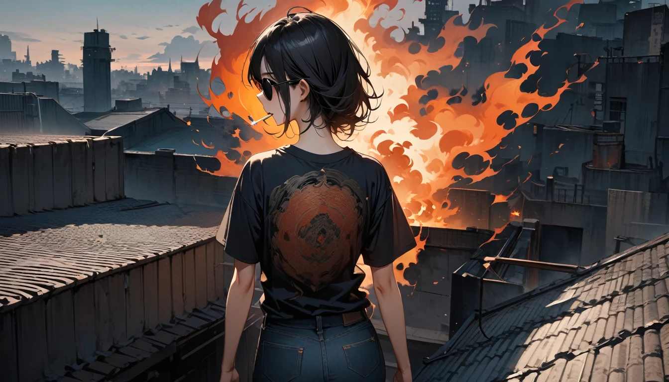 (((from behind))), (((whole body))), (((Rooftop))), ((8k of extremely detailed CG unit, Masterpiece, high resolution, highest quality, highest quality real texture skin)), (((darkness))), (((sunglasses))), (((The cigarette is burning))), ((1 girl)), (Japanese pattern Tシャツ, denim), (Black hair, messy hair, beige skin), (Surreal, digital painting)