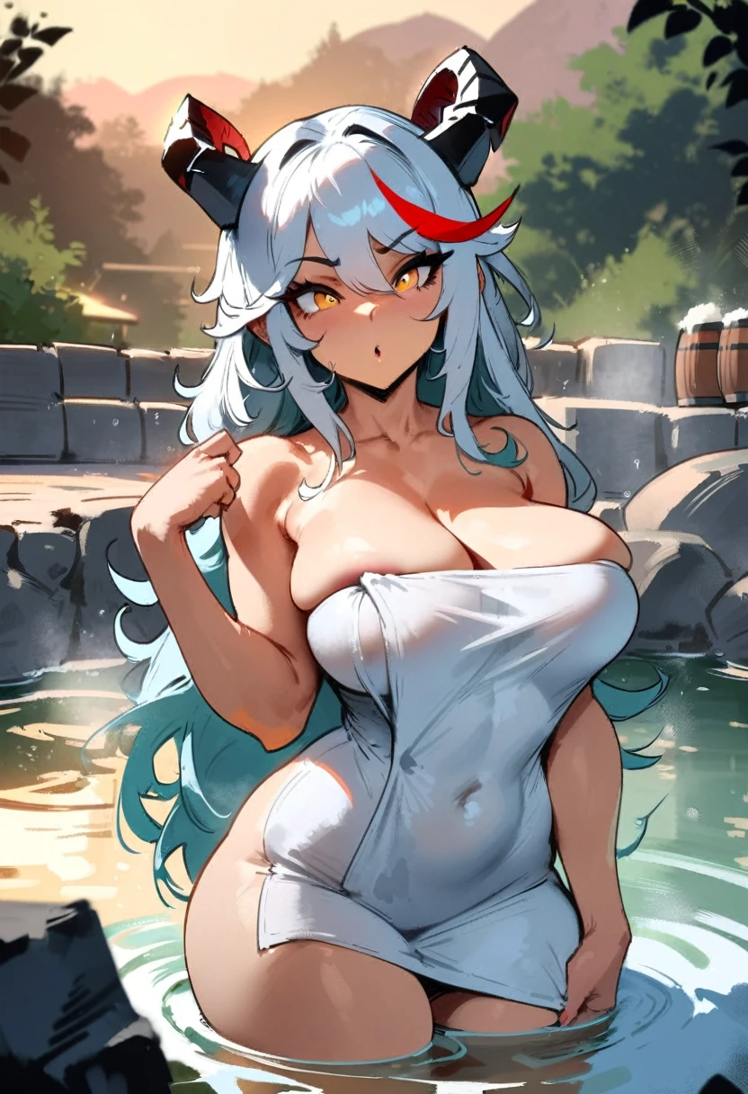 1girl, aegir \(azur lane\), azur lane \\\\\ masterpiece, best quality, very aesthetic, absurdres, newest \\\\\\ perfect anatomy, slim body, ,perfect hands, , , \\\\\\ by nyantcha,,by cutesexyrobutts,by khyle ///// , , , silvery white hair with a single prominent red streak , black horns, , , yellow eyes, ,, , big tits,,, ,,splash art, onsen, sunset,in water, ,put towel on body, hiding naked body with towel, naked towel, beer
