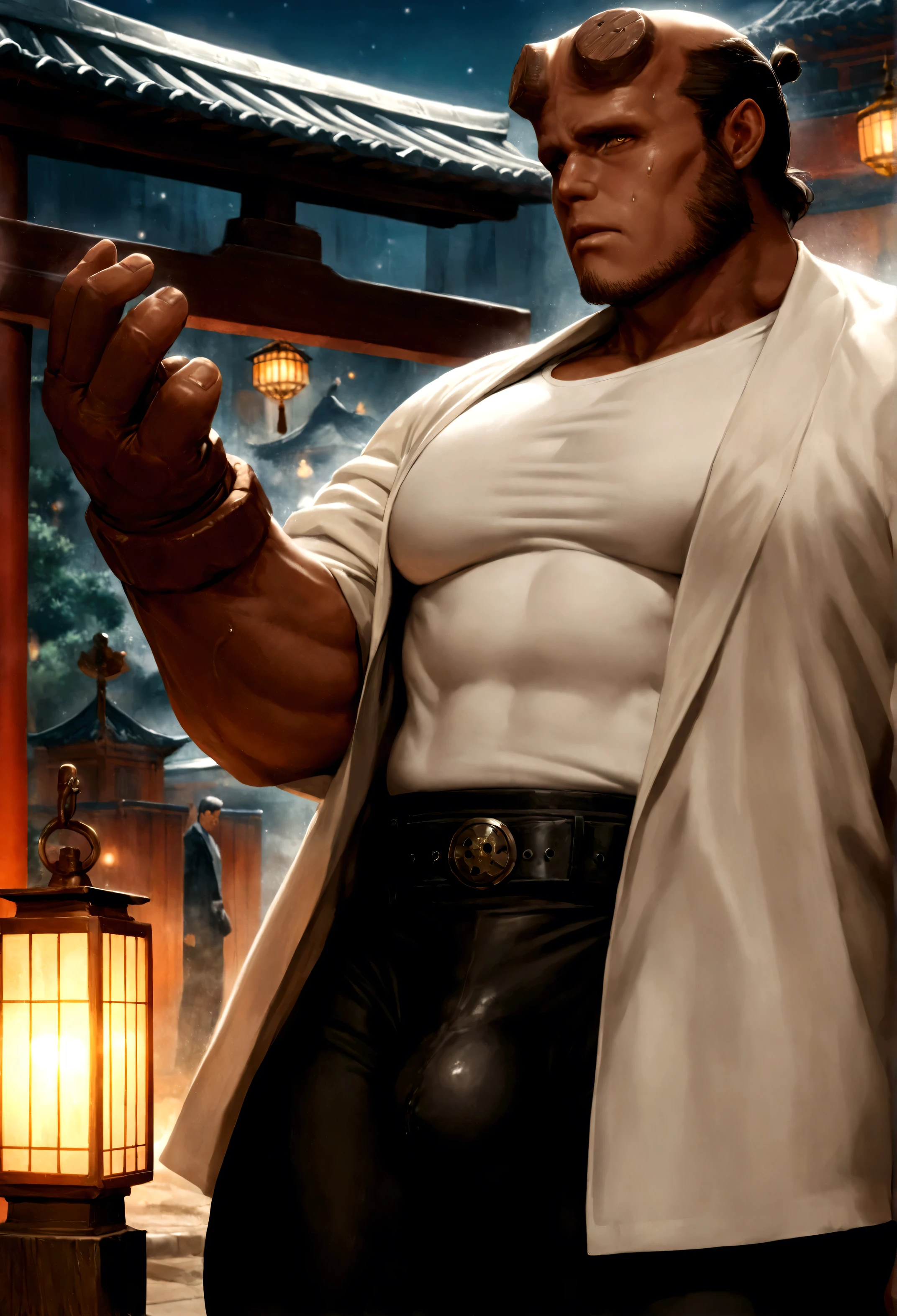 sexy mature daddy, Tanned leather, large bulge, dark skin, bristle, muscular, Best quality, masterpiece, super high resolution, detailed background, Realism, Illustrations, lonely, 1 boy, tory, muscle, volumetric lighting, depth of field, facial hair, Ryu, white clothes, black belt, Light particles, massive bulge, starry sky, Master of Martial Arts, sweating, short hair, Perfect eyes, bare feet