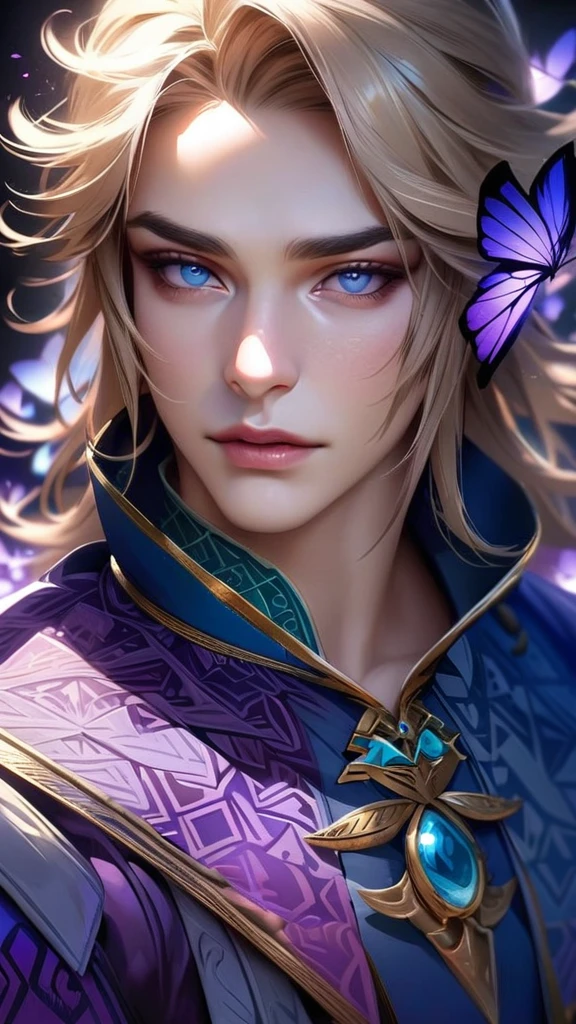 Ultra detailed, HDR, Highres, absurdres, master piece, Link, expressive blue eyes, ash blond hair, The Legend of Zelda, blue shirt with patterns, purple glittering butterflies, purple ice, petals, purple ice roses, sexy man, solo, extremely detailed face and eyes, extremely handsome, glittering, realistic face, 