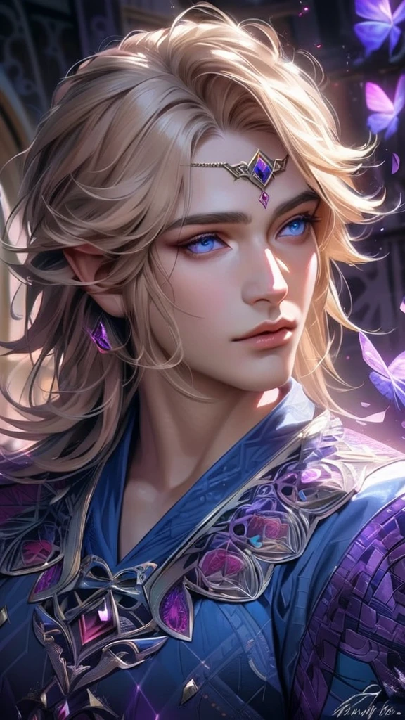 Ultra detailed, HDR, Highres, absurdres, master piece, Link, expressive blue eyes, ash blond hair, The Legend of Zelda, blue shirt with patterns, purple glittering butterflies, purple ice, petals, purple ice roses, sexy man, solo, extremely detailed face and eyes, extremely handsome, glittering, realistic face,