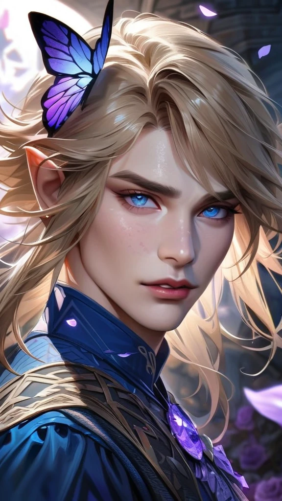 Ultra detailed, HDR, Highres, absurdres, master piece, Link, expressive blue eyes, ash blond hair, The Legend of Zelda, blue shirt with patterns, purple glittering butterflies, purple ice, petals, purple ice roses, sexy man, solo, extremely detailed face and eyes, extremely handsome, glittering, realistic face, 