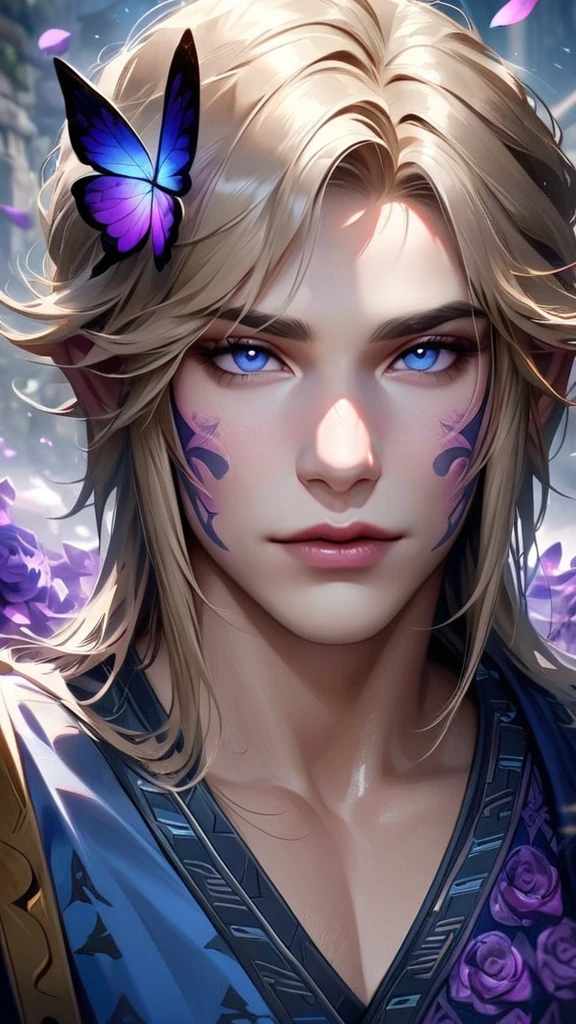 Ultra detailed, HDR, Highres, absurdres, master piece, Link, expressive blue eyes, ash blond hair, The Legend of Zelda, blue shirt with patterns, purple glittering butterflies, purple ice, petals, purple ice roses, sexy man, solo, extremely detailed face and eyes, extremely handsome, glittering, realistic face,
