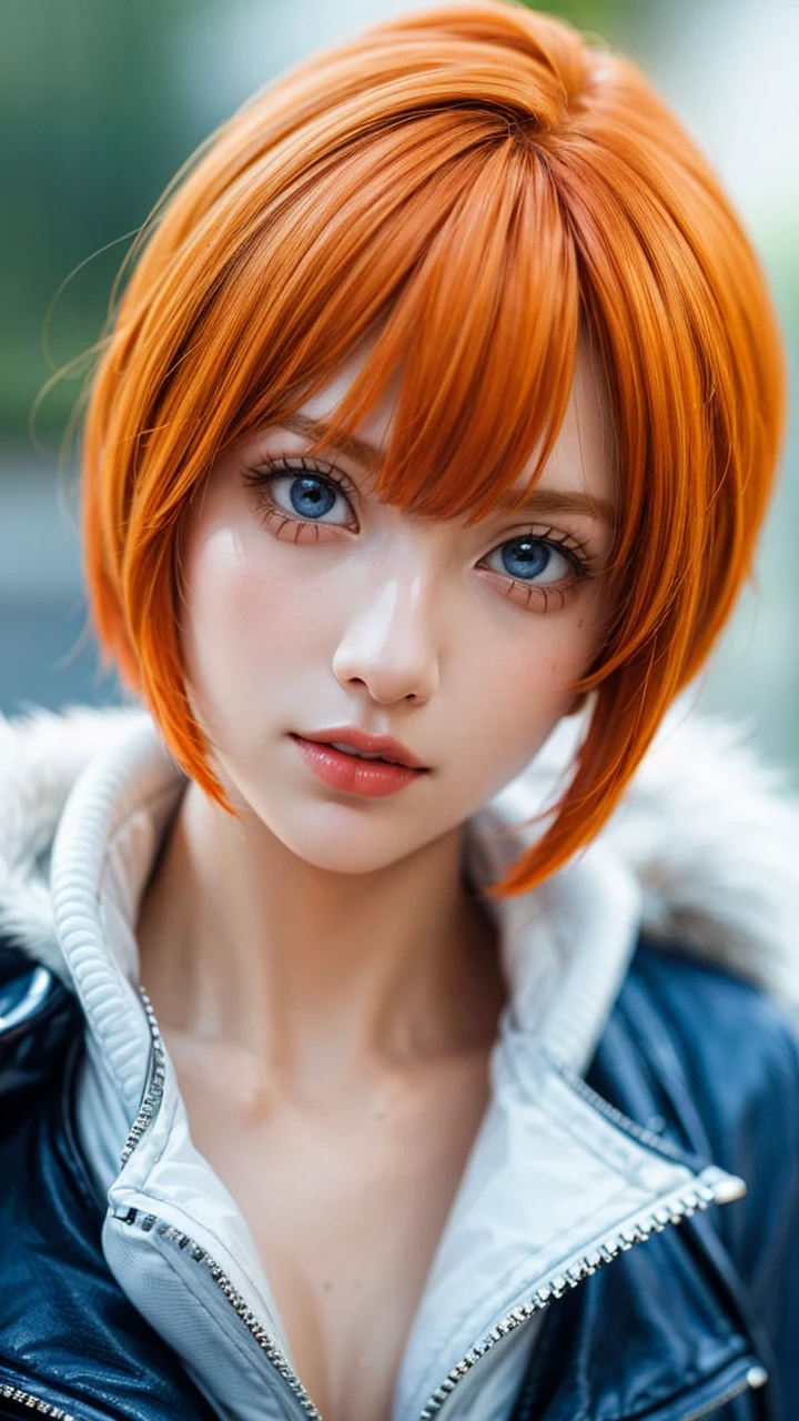 a close up of a person with short hair and a white leather jacket, koala, koala from anime one piece, as an anime character, perfect anime face, she has orange hair with bangs, female anime character, anime character, anime best girl, hime cut hairstyle, orange hair, (red glossy lips:1.3), blue eyes, smile, big tits, realistic, ultra detail, city background, (beautiful face:1.3), full body