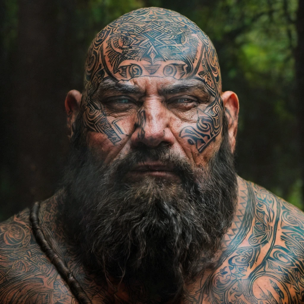 (masterpiece)+, (extremely (realistic)+,a portrait of a extremely ugly male tribal barbarian, Completely bald, Massive, muscular, tattoo covered skin, Massive beard. Focused stare. Looking at camera. volumetrics dtx, Photorealistic, ultra detailed, Artstation trending, very very detailed, realistic shaded lighting, dynamic shadows, detailed Swamp background, upper body, professional photograph of a detailed skin, sharp focus, dramatic, award winning, cinematic lighting, octane render, unreal engine, volumetrics dtx, Photorealistic, ultra detailed, Artstation trending, very very detailed, hyperrealistic, fine details, realistic shaded lighting, dynamic shadows, Swamp background, add_detail:1, skin pores and wrinkles, details.,