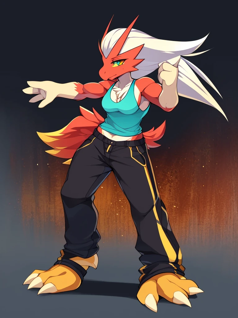 [blaziken], (mayosplash), (wamudraws)], ((masterpiece)), ((HD)), ((solo portrait)), ((front view)), ((furry; anthro)), ((detailed shading)), ((beautiful render art)), ((intricate details)), {anthro; red feathers, red beak, (yellow talon feet), (long white hair), cute teal eyes, (yellow sclera), (half-closed eyes), (medium boobs), (defined muscles), (beautiful feet), (clothing, topwear: tanktop, bottomwear:(pants:black) footwraps, stirrup footwear)),{(standing), (dynamic pose)}