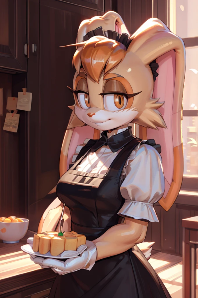 masterpiece, best quality, furry, anthro, anime, highres, 4k, by pakwan008 , by pixelsketcher, by jinu, vanilla the rabbit, rabbit girl, animal ears, animal nose, white muzzle, white gloves, orange hair, brown fur, maid dress, short sleeves, furry female, mature female, indoors