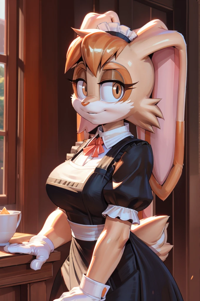 masterpiece, best quality, furry, anthro, anime, highres, 4k, by pakwan008 , by pixelsketcher, by jinu, vanilla the rabbit, rabbit girl, animal ears, animal nose, white muzzle, white gloves, orange hair, brown fur, maid dress, short sleeves, furry female, mature female, indoors