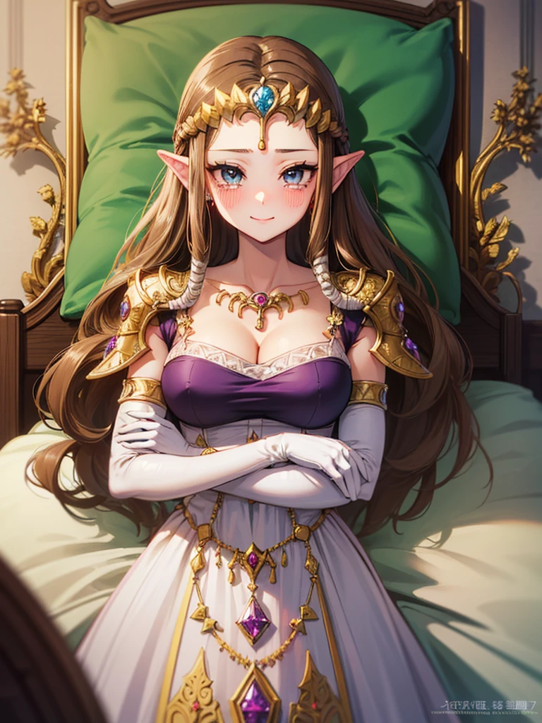 ((((back shot)))),((upper body)),((alone)),((Lying in bed)),Anime art style,masterpiece,(Highest quality), (Super detailed),(Very delicate and beautiful),(alone),(Detailed face and eyes),Beautiful eyes like jewels,(A truly gorgeous jeweled ruffled rococo ball gown dress),(((Mature Woman,Queen))),((1 Queen in a beautiful embroidery and jeweled absolutely gorgeous rococo ballgown dress with voluminous full length hoop skirt)),((crinoline)),Very detailedな絶対にゴージャスなロココボールガウンdressとフリルのボリュームのあるフルレングスのフープスカート,((Lots of straight hair,Very long straight hair with great volume,Super long straight hair)),,Cleavage,(bed),length_gloves,Very gorgeous hair ornament,Sparkling、A very gorgeous jewel-encrusted tiara,((Gorgeous Glitter Jewelry)),Full body portrait,((bangs)),((Golden hair ornament)),((((Front Face)))),((((Adult Expressions)))),((((Beautiful Face)))),((((dress)))),((smile)),(((Long Hair)))),((((Straight hair)))),((Cleavage)),((((Dark brown hair)))),Princess Zelda,((chest is slightly exposed)), ((Highest quality)),,(Very detailed) ,((Purple blouse)),((Put your arms behind your back)),Brown Hair,((Embarrassed look)),Blushing, ((Highest quality)), (Very detailed),((detailed)),(((pray))),Nintendo, The Legend of Zelda),Crying face,Blushing,((alone)), ((Highest quality)), (Very detailed), ,