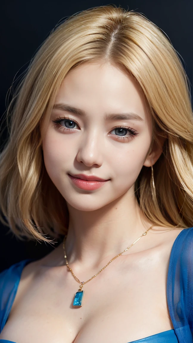 ((Highest quality, 8k, masterpiece :1.3)), Sharp focus :1.2, Beautiful woman with perfect figure :1.4, Slim Abs :1.2, ((Big Breasts, Emphasize cleavage:1.3)), (Photorealistic:1.4), (realistic:1.4), Highly detailed face and skin texture, Fine grain, double eyelid. Makeup face. A little bit of lipstick, necklace, Earrings, sex appeal, Sexy gravure pose, ((Beautiful woman wearing a blue dress。The background is the museum。The expression is an intelligent smile。Her hair is long and blonde.。The pose is looking at the picture。:1.3)