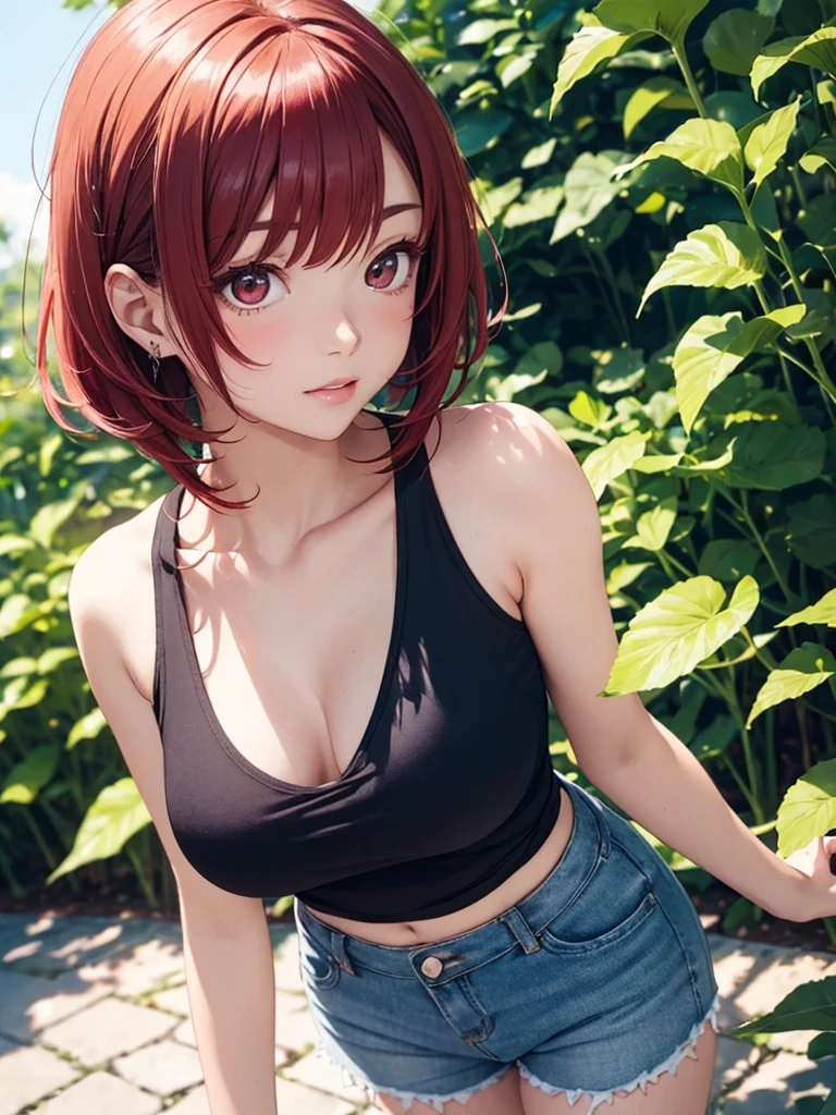 beautiful young woman, anime style, detailed face, red hair, red eyes, delicate features, soft lighting, wearing a tank top, shorts, standing outside in a summer setting, vibrant greenery, clear blue sky, flowers in bloom, relaxed expression, dynamic pose, Japanese anime style, high quality, highly detailed, 8k resolution, cinematic lighting, best quality, vibrant colors, Instagrammable, aesthetic, trendy