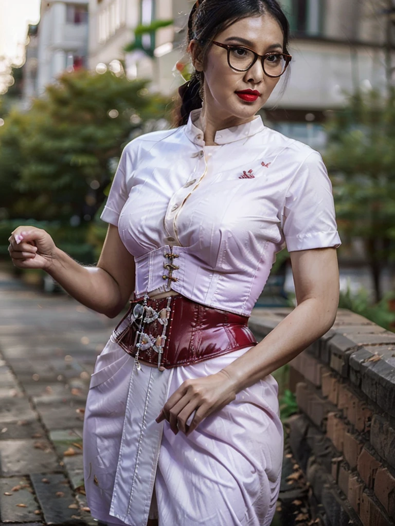 ((best quality)), ((Masterpiece)), (4k details), ((Old Asian woman)), ((Age 70))
, Plump body, tight red latex leggings, white cotton dress shirt, (purple leather waist corset), Big muscles, Twintail hairstyle, Eyes on the camera, red lips, Wear glasses,