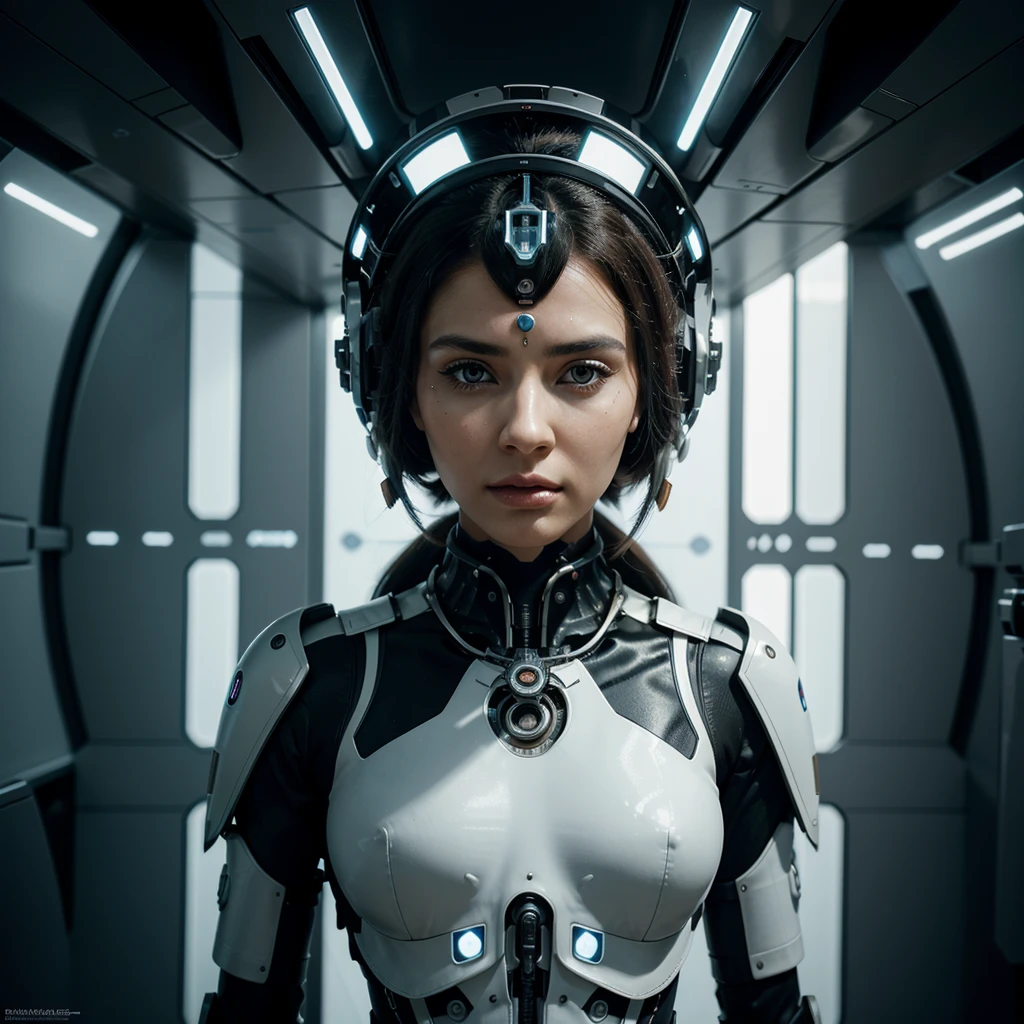 woman in headdress, stands sideways, very detailed visual portrait, symmetry! futuristic робототехник, nice, on a spaceship, an extremely detailed shot of the goddess, beautiful cyborg girl, Jason Angle, keyframe, anthropomorphic _ Humanoid, futuristic