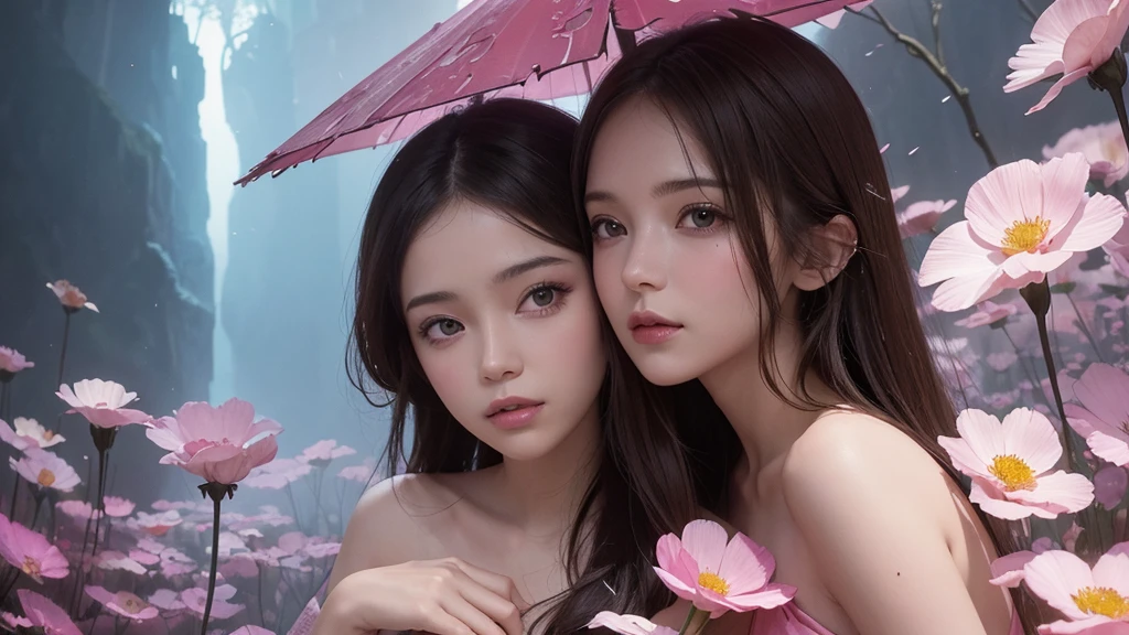 32k, Masterpiece, Highest quality, One girl, Detailed eyes, flower,Sandersonia, Pink and brown style,A dreamy, romantic piece,Pale pink, Mysterious Leaves,A playful arrangement,Fantasy,High Contrast,Ink strokes,explosion,Exposure, Impression of pink and brown tones,Abstract,((Watercolours by John Berkey and Jeremy Mann )) Brush strokes,Negative Space, Tyndall effect,