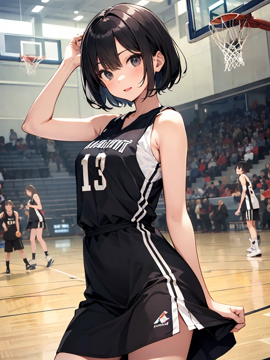 In one girl、fun、dress,(small breasts ) , blackshort hair, black eyes, playing basketball, happy