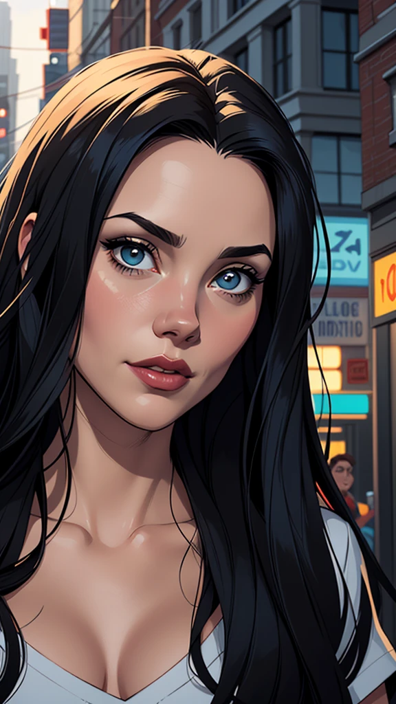 Personagem Christina Ricci cabelo preto estilo Morticia AddamsImagem de desenho animado de uma mulher .cartoon style illustration, estilo de arte dos desenhos animados, estilo de arte dos desenhos animados, digital illustration style, design de personagens altamente detalhado, arte digital detalhada fofa, City fan art, Design de personagens de retrato, beautiful digital illustration, retrato de alta qualidade, Arte em quadrinhos, jovem expressando desejo sexual.