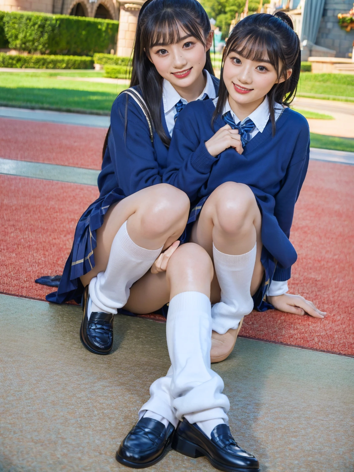 (photorealistic:1.4), best quality, masterpiece, raw 32k photo, (extremely detailed japanese beautiful girl), (extremely detailed eyes:1.2), (cute face:1.2), ultra-detailed, ultra high res, amazing, BREAK,sitting,
(school uniform:1.5), smile, (full body:1.2), detailed school girl, (disneyland:1.3), beautiful detailed girl, bangs, cute face, miniskirt,loafers,(exposed panties)