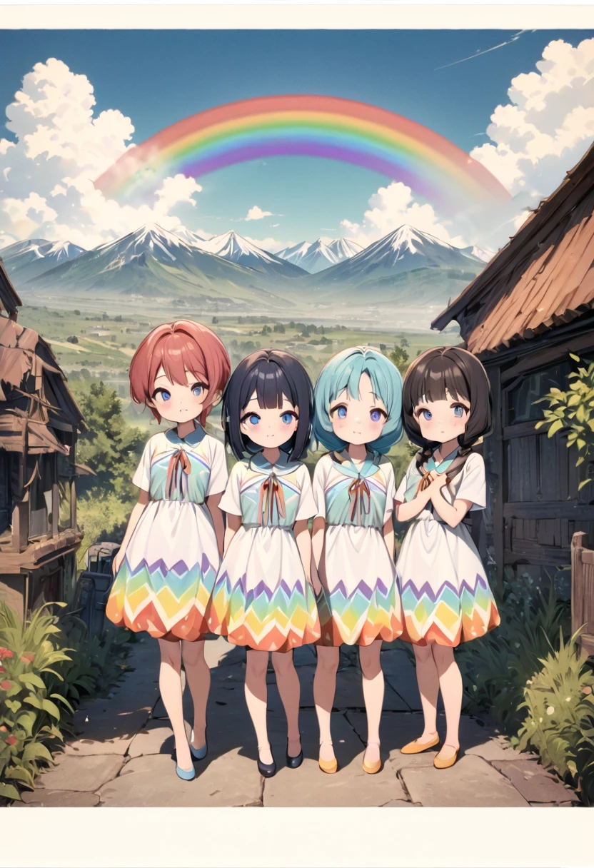 Highest quality, movie quality, background of mountains with a border pattern, 5 beautiful girls standing proud, image color is rainbow, group of 5 (10 years old, wearing a dress with a border pattern, cool, cute, nihilistic), dilapidated world line