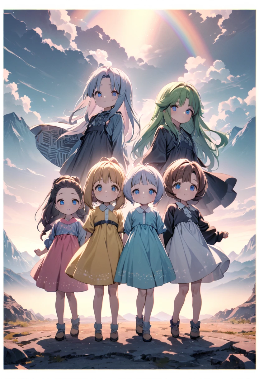 Highest quality, movie quality, background of mountains with a border pattern, 5 beautiful girls standing proud, image color is rainbow, group of 5 (10 years old, wearing a dress with a border pattern, cool, cute, nihilistic), dilapidated world line