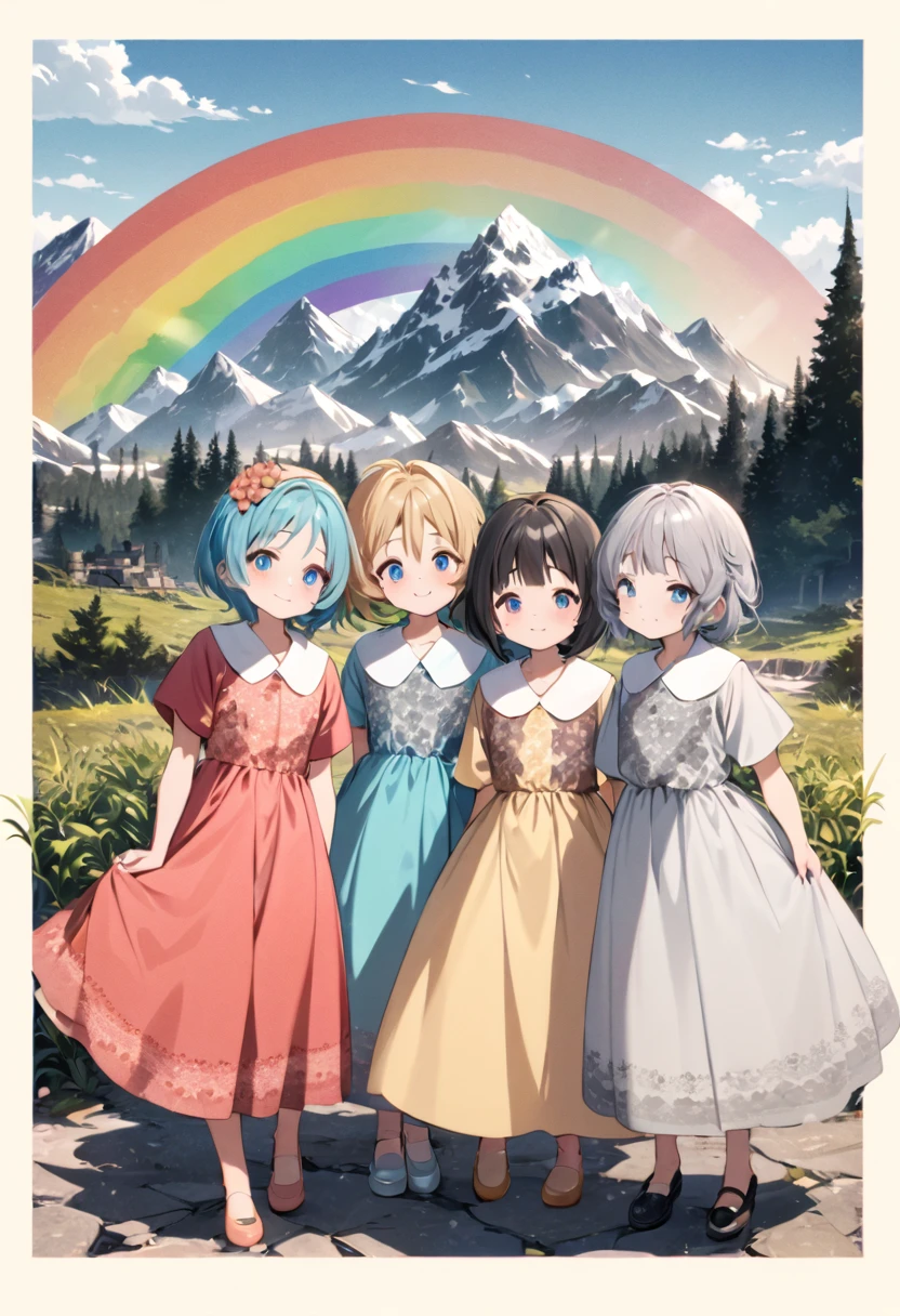 Highest quality, movie quality, background of mountains with a border pattern, 5 beautiful girls standing proud, image color is rainbow, group of 5 (10 years old, wearing a dress with a border pattern, cool, cute, nihilistic), dilapidated world line