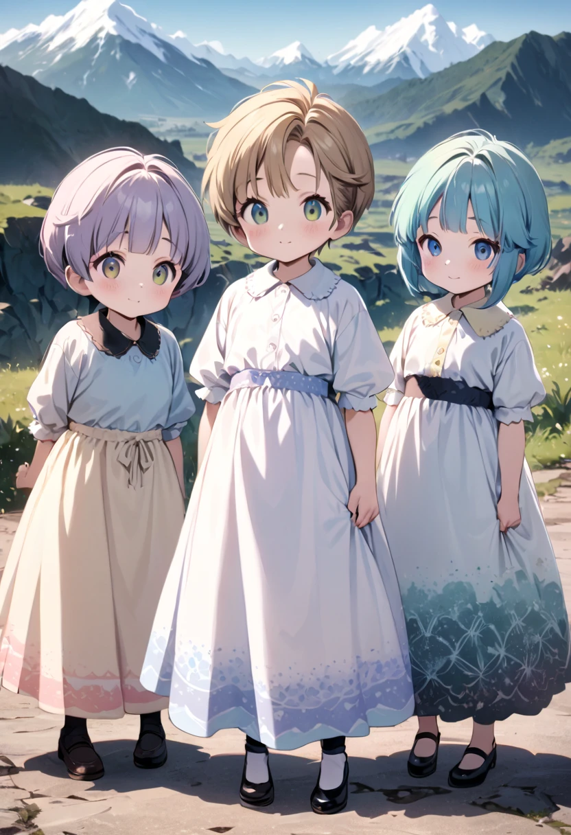 Highest quality, movie quality, background of mountains with a border pattern, 5 beautiful girls standing proud, image color is rainbow, group of 5 (10 years old, wearing a dress with a border pattern, cool, cute, nihilistic), dilapidated world line