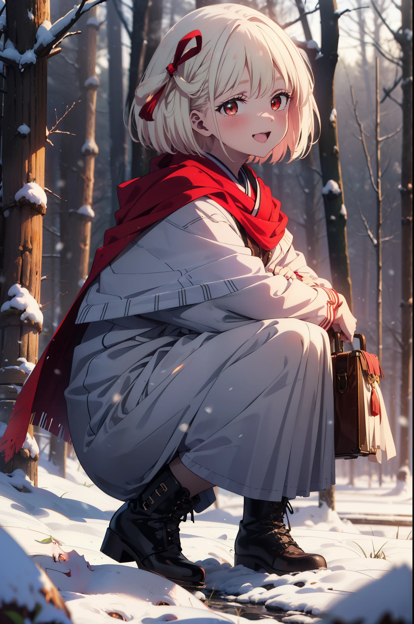 chisatonishikigi, Chisato Nishikigi, short hair, bangs, blonde, (Red eyes:1.5), Hair Ribbon, One side up, Bobcut,smile,blush,happy smile, smile, Open your mouth,
White Breath, Open your mouth,snow, Ground bonfire, Outdoor, boots, snowing, From the side, wood, suitcase, Cape, Blurred, Increase your meals, forest, White handbag, nature, Squat, Mouth closed, フードed Cape, winter, Written boundary depth, Black shoes, red Cape break looking at viewer, Upper Body, whole body, break Outdoor, forest, nature, break (masterpiece:1.2), Highest quality, High resolution, unity 8k wallpaper, (shape:0.8), (Beautiful and beautiful eyes:1.6), Highly detailed face, Perfect lighting, Highly detailed CG, (Perfect hands, Perfect Anatomy),