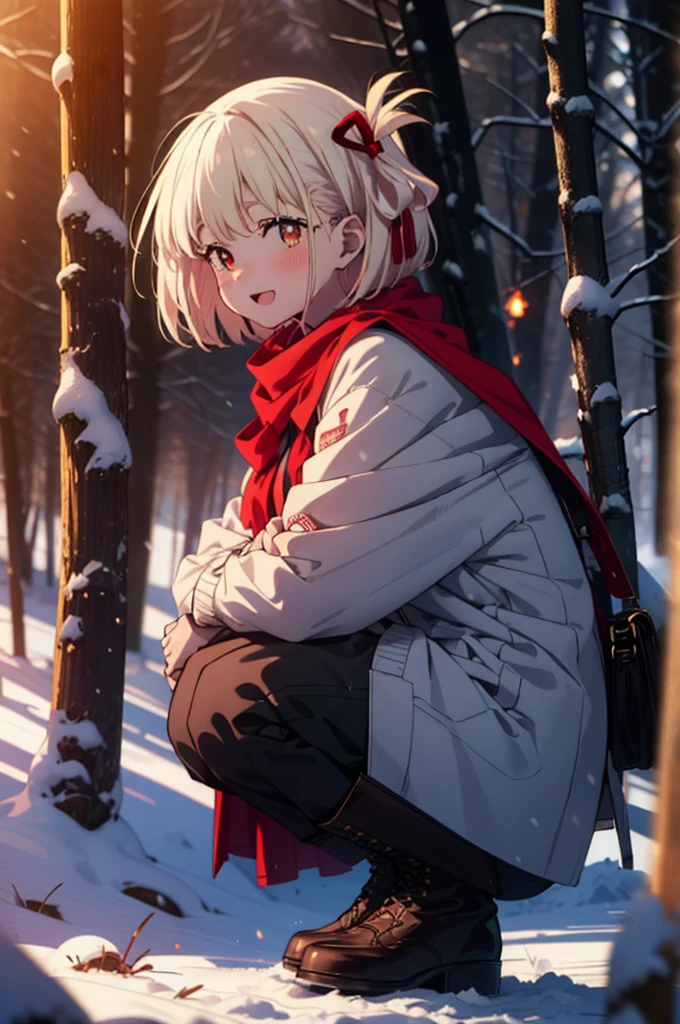 chisatonishikigi, Chisato Nishikigi, short hair, bangs, blonde, (Red eyes:1.5), Hair Ribbon, One side up, Bobcut,smile,blush,happy smile, smile, Open your mouth,
White Breath, Open your mouth,snow, Ground bonfire, Outdoor, boots, snowing, From the side, wood, suitcase, Cape, Blurred, Increase your meals, forest, White handbag, nature, Squat, Mouth closed, フードed Cape, winter, Written boundary depth, Black shoes, red Cape break looking at viewer, Upper Body, whole body, break Outdoor, forest, nature, break (masterpiece:1.2), Highest quality, High resolution, unity 8k wallpaper, (shape:0.8), (Beautiful and beautiful eyes:1.6), Highly detailed face, Perfect lighting, Highly detailed CG, (Perfect hands, Perfect Anatomy),