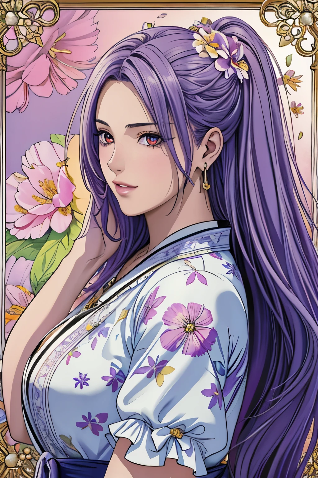 (​masterpiece, top-quality, top-quality, Official art, Beautifully Aesthetic:1.2), red eyes, (highest quality, masterpiece painting:1.3), immature woman, 16 years old, (half body shot), masterpiece, ultra high resolution, (((Flower frame, A lot of flowers in the frame, round frame, A beautiful girl fits into the frame))), Decorative panel, abstract art, (shot from a side angle), (Photoreal:1.0), ((light purple hair)),straight hair, beautiful shining hair, white and shining skin, Painterly, sketch, Texture, 超A high resolution, solo, Beautuful Women, A highly detailed, (Fractal Art:1.1), (colourfull:1.1), (florals:1.6), The most detailed, (Zentangle:1.2), (Dynamic Poses), (Abstract background:1.3), (shinny skin), (Many colors:0.8), (earrings:1.4), (pluma:0.9), Taisho romance
