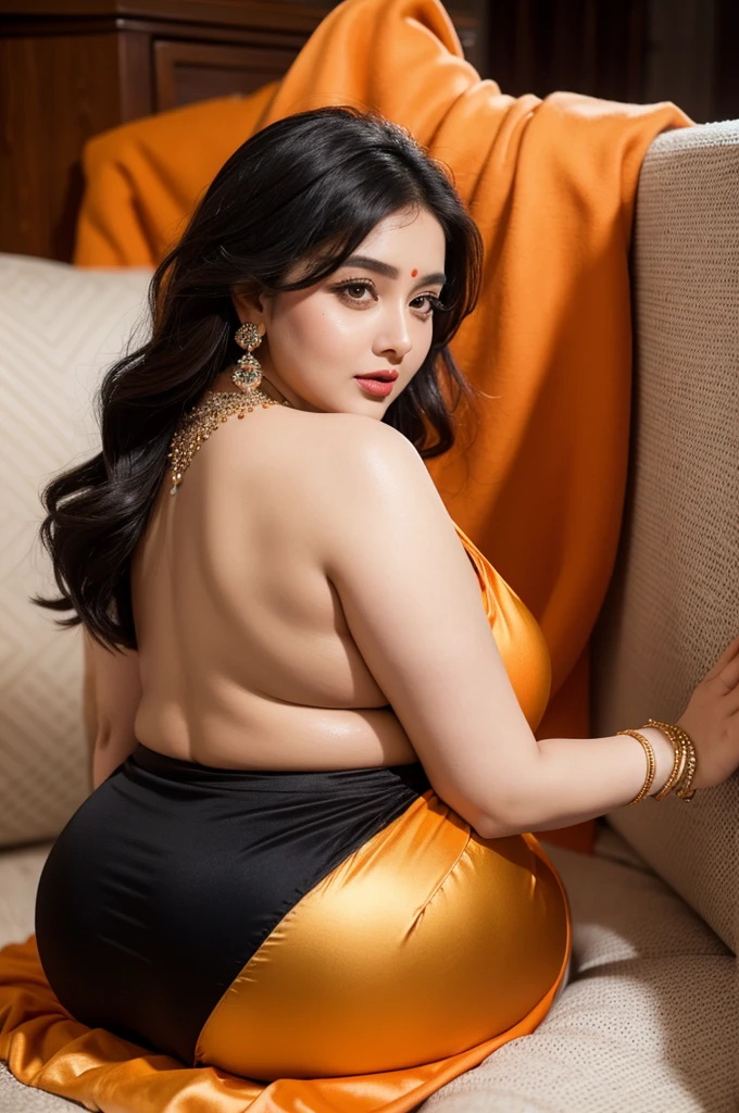 A beautiful and glamorous and sexy pakistani big plumpy 30 age chubby and fatty woman in glossy shimmering satin tight and camisole Abaya with big breasts and big fatty back and big style hijab and big necklace and earrings and bracelet over makeup and glamorous eyelashes and eyebrows colourful lipstick, fatty back showing breasts romance with 50 age indian black skin old swamiji man wearing orange colour blanket romance