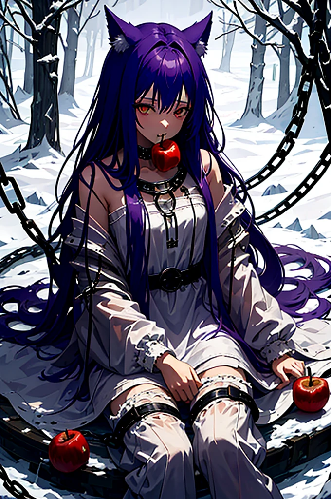 Fenrir, ((eat apple)), sit down, Chained, winter, outdoor, white dress, tattered clothes, purple hair, dark purple hair, golden chain, upper body, 