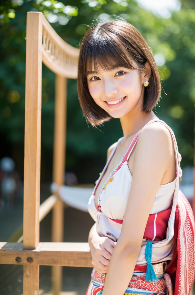 Yukata, traditional Japanese summer kimono, summer festival night stall, first year high school student, ((full body)), ((photo)), ((best qualtiy, 8K, tmasterpiece:1.3)), Focus:1.2, perfect figure beautiful girl:1.4, 1girl, cowboy shot, look at viewer, incredibly absurd, beautiful and cute girl with a photorealistic face, showcasing top-quality craftsmanship, A Japanese girl walking around looking at the food stalls at a summer festival on a night, 15 years old, straight hair that reaches about 10cm below her shoulders, light brown hair color, shiny hair, bangs cut straight above her eyes, hair tucked behind her ears, soft round face, large almond-shaped eyes, light brown eye color, long eyelashes, thin and neat eyebrows, small nose with a straight bridge, cherry-colored lips, bright smile, white teeth, smooth skin, fair skin, light pigmentation, freckles, average height, lithe figure, well-balanced proportions, small A-cup breasts, white and pink pastel-colored yukata, bracelet with charms, diamond stud earrings, beautiful girl, pure, moe, cheerful, curious, friendly, polite, responsible, likes festivals and events, August