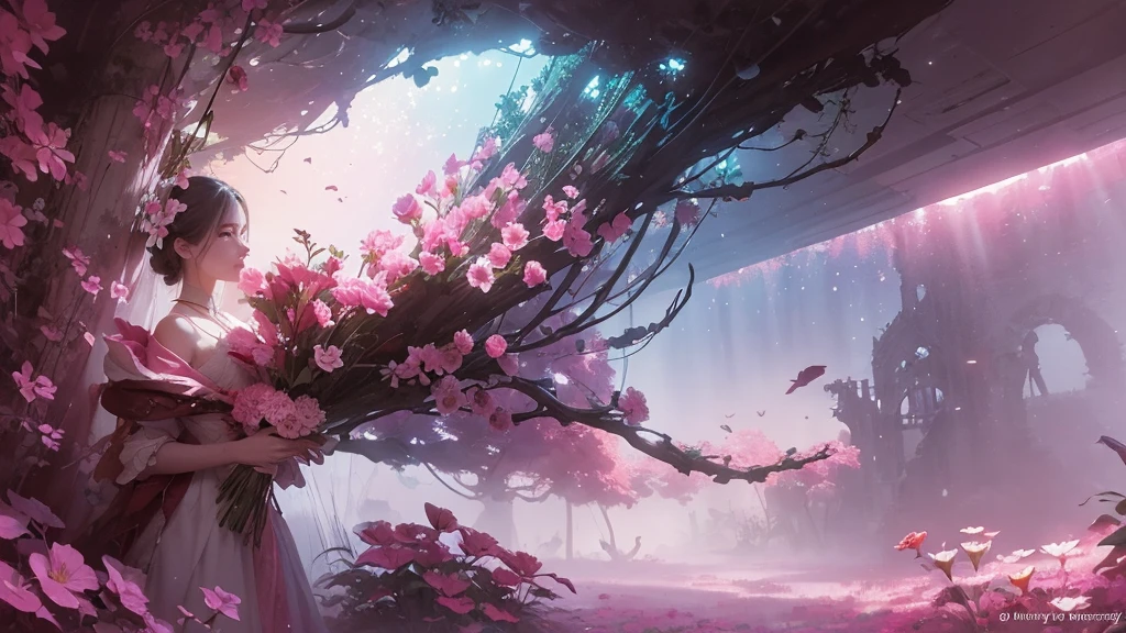 32k, Masterpiece, Highest quality, One girl, Detailed eyes, flower,Sandersonia, Pink and brown style,A dreamy, romantic piece,Pale pink, Mysterious Leaves,A playful arrangement,Fantasy,High Contrast,Ink strokes,explosion,Exposure, Impression of pink and brown tones,Abstract,((Watercolours by John Berkey and Jeremy Mann )) Brush strokes,Negative Space, Tyndall effect,