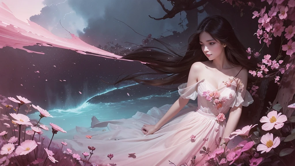 One girl,flower, Lisianthus ,Pale pinkと淡い青のスタイル, A dreamy, romantic piece, Pale pink, Mysterious Leaves, A playful arrangement,Fantasy, High Contrast, Ink strokes, explosion, Exposure, Impression of purple and red tones , Abstract, ((Watercolours by John Berkey and Jeremy Mann )) Brush strokes, Negative Space,