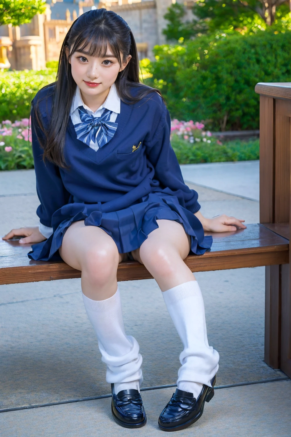 (photorealistic:1.4), best quality, masterpiece, raw 32k photo, (extremely detailed japanese beautiful girl), (extremely detailed eyes:1.2), (cute face:1.2), ultra-detailed, ultra high res, amazing, BREAK,sitting,
(school uniform:1.5),(full body:1.2), detailed school girl, (disneyland:1.3), beautiful detailed girl, bangs, cute face, miniskirt,loafers, 