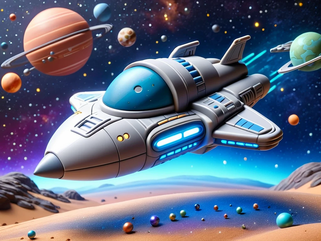 ais-plasticz spaceship, ready for an intergalactic adventure, against a cosmic background of ais-plasticz stars and planets