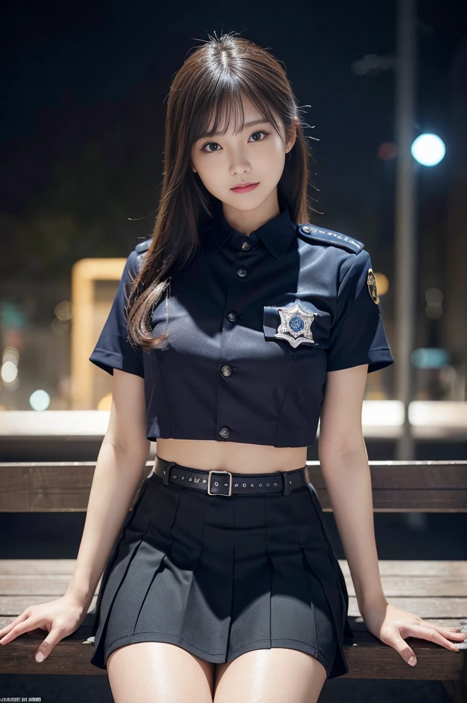An innocent 20-year-old girl、((Japanese Police Officer, Sexy police uniform, skirt, Cute and elegant, Dramatic Pose)),smile,Night city background,shortcut、RAW Photos, (8k、Highest quality、masterpiece:1.2)、(Intricate details:1.4)、(Photorealistic:1.4)、Octane Rendering、Complex 3D rendering with ultra-detail, Studio Soft Light, Rim Light, Vivid details, Super Detail, Realistic skin texture, Detailed aspect, Beautiful details in the eyes, Highly detailed CG Unity 16k wallpaper, compensate, (Detailed Background:1.2), Glowing Skin, whole body,Put your hands down、Spread your legs and show me your panties,Sit on a bench