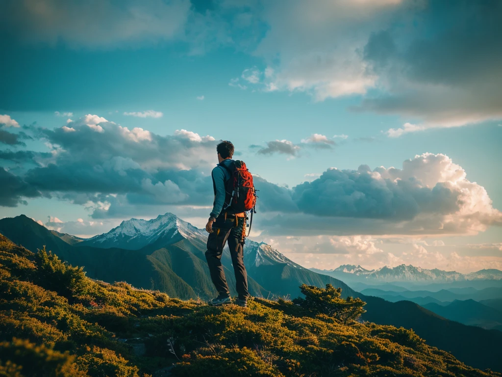 (Realistic:1.37),photograph,landscape,Mountaineering,Man climbing a mountain in Japan,Dramatic lighting,Colorful cloudy sky,A sense of adventure,Blurred Background,Strong determination,Wide-angle lens,Nice views,Endless Horizon,Quiet Solitude,Graceful Movement,The pinnacle of achievement,Natural beauty,Serene atmosphere,Sweat and patience,top conqueror,Awe-inspiring views,Expedition preparation,Unwavering focus,infinite possibilities,Immerse yourself in nature,Indomitable spirit,Awestruck observers,Unparalleled strength,The invisible height,Quiet Escape.