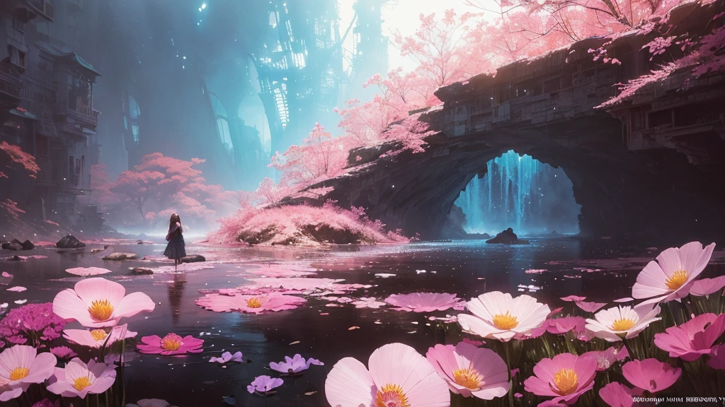 32k, Masterpiece, Highest quality, One girl, Detailed eyes, flower,Sandersonia, Pink and brown style,A dreamy, romantic piece,Pale pink, Mysterious Leaves,A playful arrangement,Fantasy,High Contrast,Ink strokes,explosion,Exposure, Impression of pink and brown tones,Abstract,((Watercolours by John Berkey and Jeremy Mann )) Brush strokes,Negative Space, Tyndall effect,
