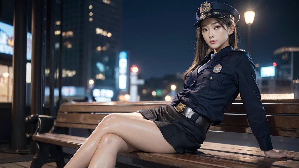 An innocent 20-year-old girl、((Japanese Police Officer, Sexy police uniform, skirt, Cute and elegant, Dramatic Pose)),smile,Night city background,shortcut、RAW Photos, (8k、Highest quality、masterpiece:1.2)、(Intricate details:1.4)、(Photorealistic:1.4)、Octane Rendering、Complex 3D rendering with ultra-detail, Studio Soft Light, Rim Light, Vivid details, Super Detail, Realistic skin texture, Detailed aspect, Beautiful details in the eyes, Highly detailed CG Unity 16k wallpaper, compensate, (Detailed Background:1.2), Glowing Skin, whole body,Put your hands down、Spread your legs and show me your panties,Sit on a bench