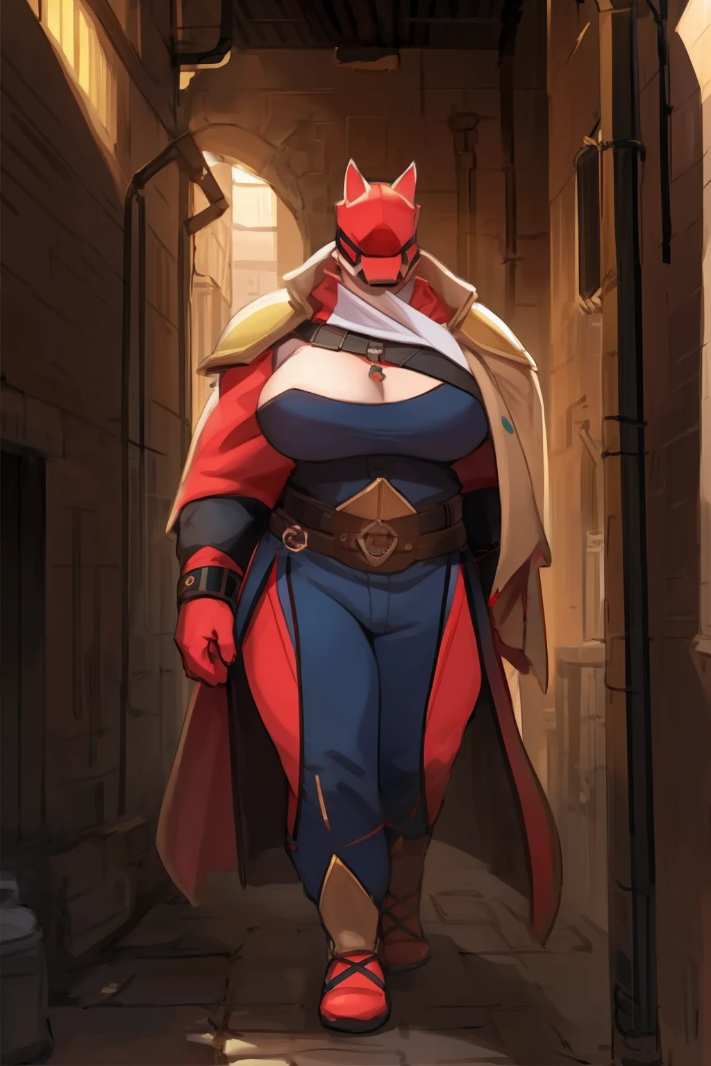 Solo, female, standing, ((muscular, giant, tall, massive, enormous, gigantic, huge, buff, muscular, biceps)), big breasts, red alligator, large head, big jaws, By bebebebebe, by buta99, by chunie, by sonsasu, by danza, alleyway, red skin, baggy cargo pants, loose tank top, cleavage, sideboob, cloak, pullove, coat, Magic leather armor breastplate, intricate legendary armor, gladiator sandals, ankle guards