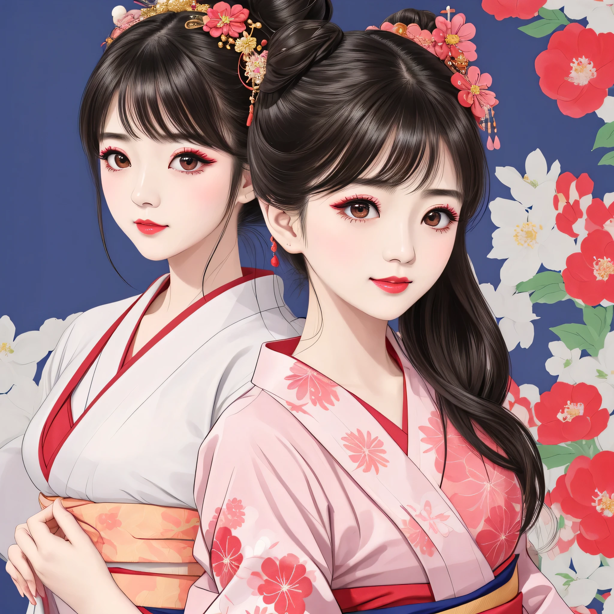 Each has a different expression2People and sisters、(2 girls)、⦅Dancing traditional arts with grace)、((Big Breasts、Small Face、Not exposed))、Highest quality、masterpiece、(Black Hair、Bun Hair)、Brown Eyes、⦅Wide angle、Angle from above the waist、Pause on the magazine cover、Their gazes are different, gazing into the distance⦆、(8K High Quality、masterpiece、High resolution、Realistic and beautiful light and shadow、(Highest quality)、(High Resolution)、(Very delicate and beautiful)、(Beautiful 8k face)、(With a smile、Beautiful eyes)、(Clear skin)、(Soft hair)、(8Head to Body)、(A Japanese-style yukata kimono with red, pink, orange and blue floral patterns on a white background, interspersed with gold powder、Wearing a yukata2Beautiful Japanese girls)、((Tanabata decoration background))、((Small Face))、(arms up)、Thin and small nose、(Red lipstick)、(Make your cheeks red)、(Glossy skin)、((Ink painting style))、Very thin eyebrows、Overall ultra-high image quality、(She is wearing maiko-style makeup.)、Whitening、Long and beautiful eyelashes、Glowing Skin、(Red cheeks),Straight nose、masterpiece、Highest quality、whole body、 Eyebrows visible through hair、Bun Hair、Grin、Gal、Gal、Viewer's Eyes、Plaid、Stylish、woman、fine、Pause、
Waiting to start